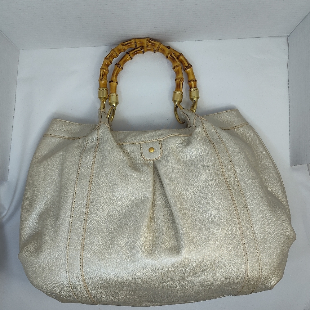 J Crew Leather Las Palmas Handbag With Bamboo Handles Ivory Color
